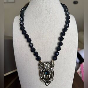 HEIDI DAUS BLACK BEADED CRYSTALS DECO STATEMENT NECKLACE 16" W/ 2.5" DROP